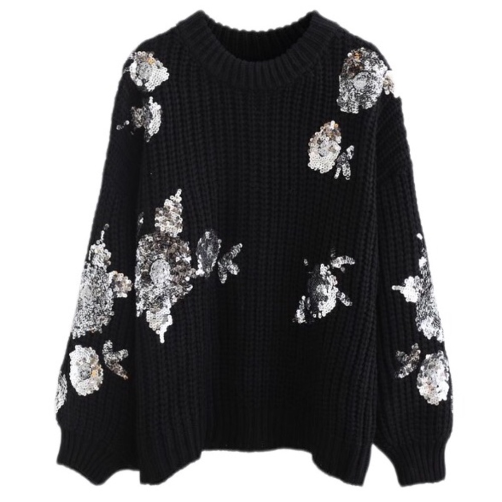 Chicwish Black Silver Sequin Floral Long Sleeve Chunky Knit Ribbed Sweater Top